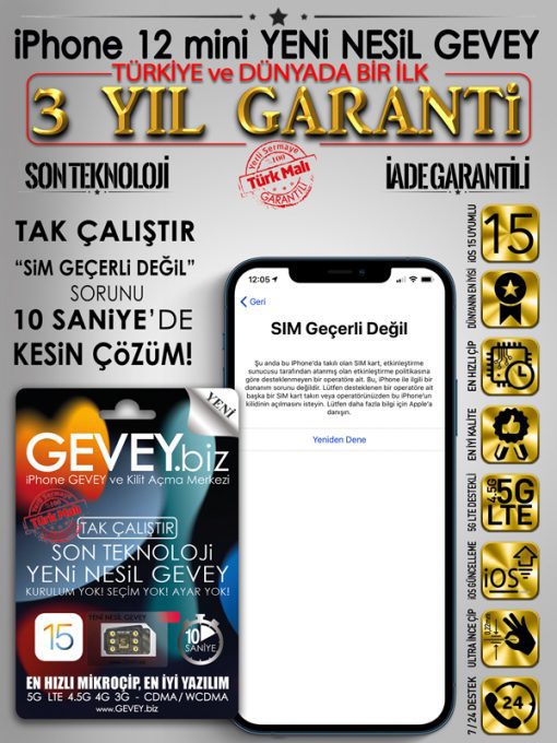 iPhone 12 mini GEVEYios15-sim-gecerli-degil-sorunu-cozumu-3yil-garantili.