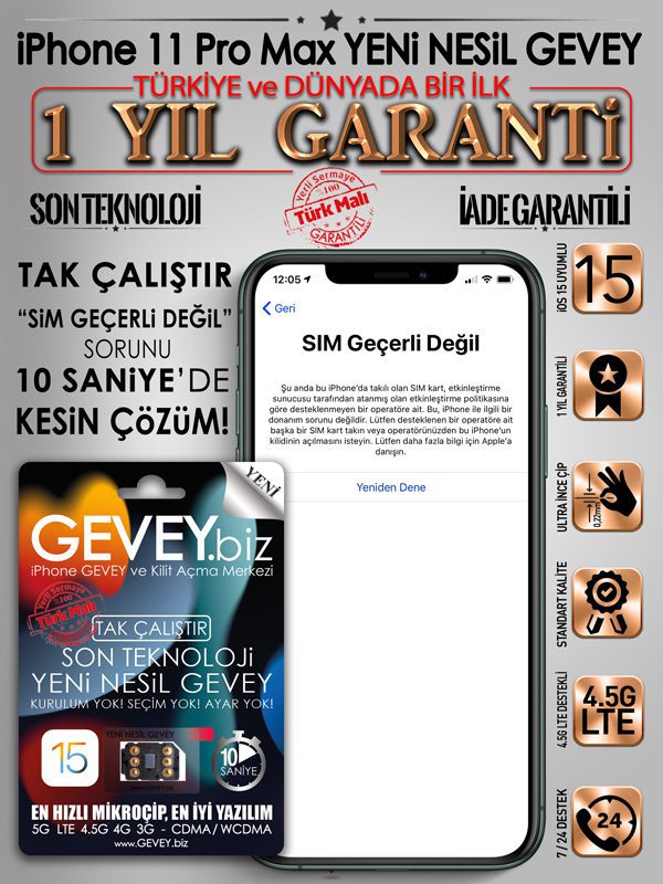 iPhone 11 pro max GEVEY-ios15-sim-gecerli-degil-sorunu-cozumu-1yil-garantili