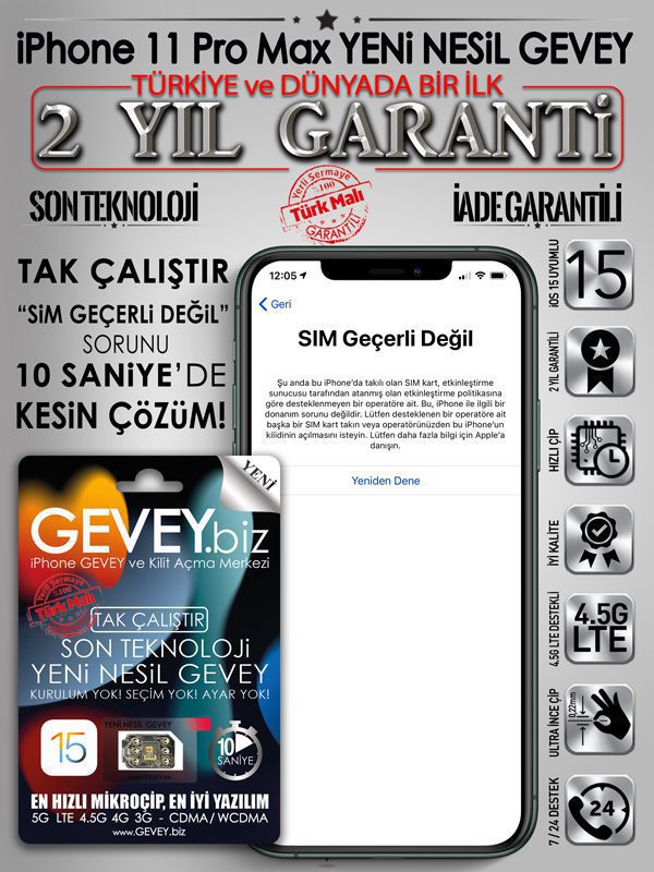 iPhone 11 pro max GEVEY-ios15-sim-gecerli-degil-sorunu-cozumu-2yil-garantili