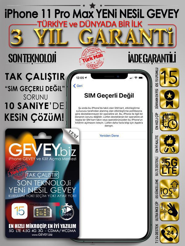 iPhone 11 pro max GEVEY-ios15-sim-gecerli-degil-sorunu-cozumu-3yil-garantili