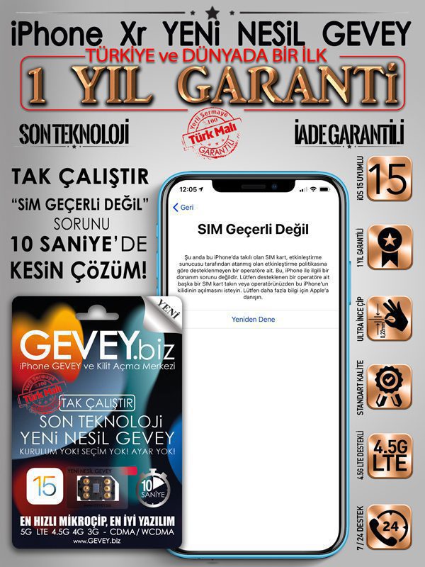 iPhone Xr GEVEY-ios15-sim-gecerli-degil-sorunu-cozumu-1yil-garantili