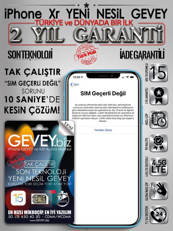 iPhone Xr GEVEY-ios15-sim-gecerli-degil-sorunu-cozumu-2yil-garantili