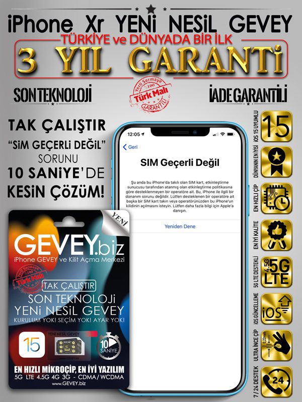 iPhone Xr GEVEY-ios15-sim-gecerli-degil-sorunu-cozumu-3yil-garantili