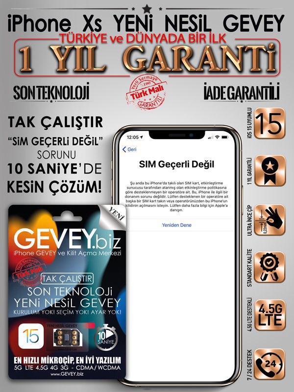 iPhone Xs GEVEY ios15-sim-gecerli-degil-sorunu-cozumu-1yil-garantili
