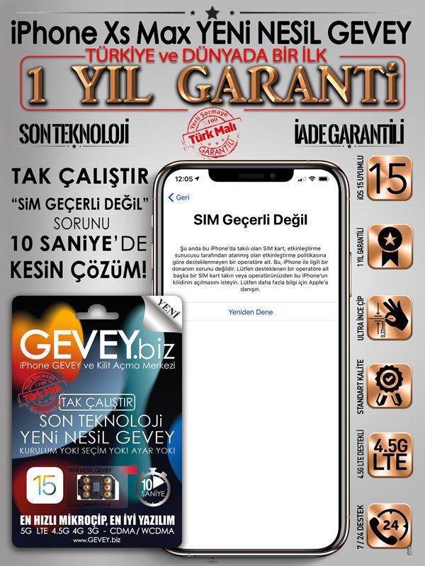 iPhone Xs Max GEVEY-ios15-sim-gecerli-degil-sorunu-cozumu-1yil-garantili