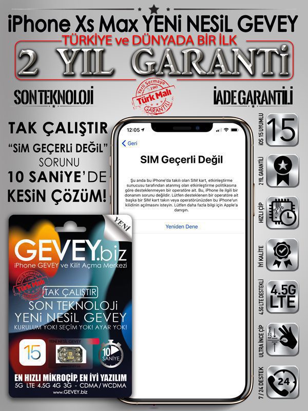 iPhone Xs Max GEVEY-ios15-sim-gecerli-degil-sorunu-cozumu-2yil-garantili