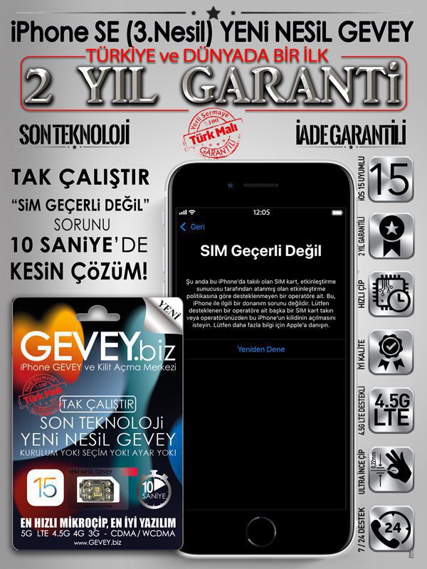 iPhone se 3nesil GEVEY-ios15 - iPhone SE 3Nesil sim gecerli degil sorunu cozumu-2yil-garantili