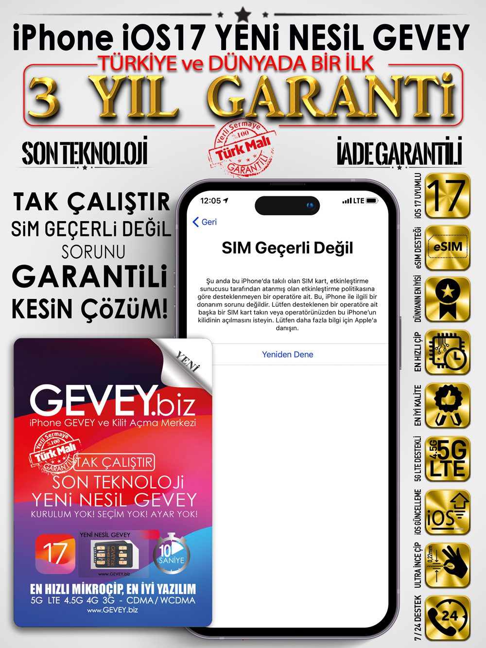 iOS17 GEVEY 3 – iPhone ios17 GEVEY sim gecerli degil sorunu cozumu 3yil garantili